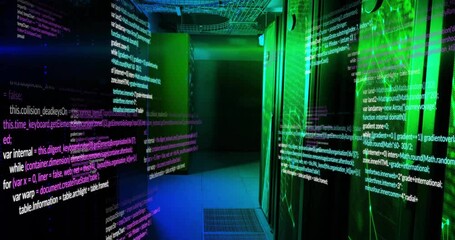 Empty rack aisle receiving fading magenta streams and emerging neon green code showing data flow - Powered by Adobe