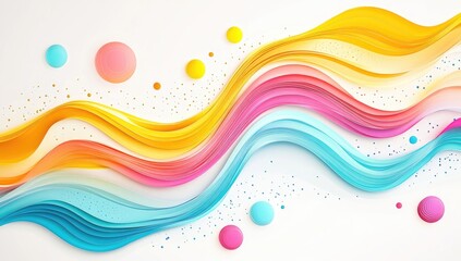 Abstract wavy ribbons in vibrant colors with scattered dots and circles