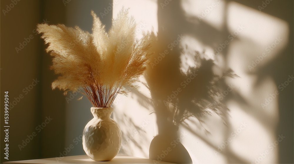 Poster soft light illuminating a vase with pampas grass, creating shadows on a wall in a serene indoor sett