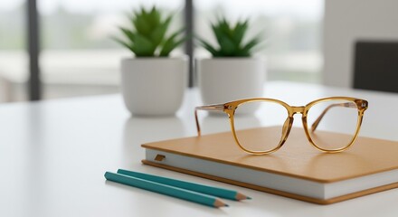 Stylish Eyeglasses Resting on Notebook with Pencils and Plants in Background