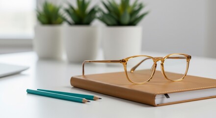 Stylish amber glasses resting on a tan journal with teal pencils and potted plants