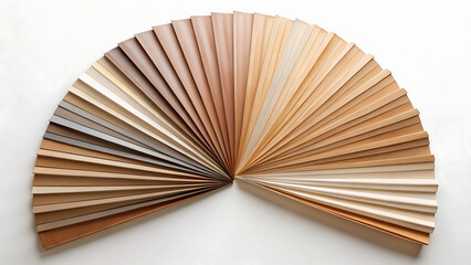 A fan of wood veneer samples showing various shades of brown and beige on a white background surface