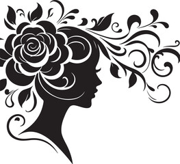 Stylized female silhouette with blooming flower hair – perfect for floral beauty logos, feminine branding, salon art, and decorative vector projects.

