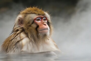 Fototapeta premium Majestic monkey relaxing in hot spring japanese mountains wildlife photography misty environment close-up view serenity and nature