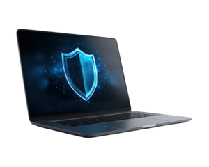 Laptop with blue digital shield symbol on screen, representing cybersecurity, data protection, encryption, and secure technology in modern workspace, evoking sense of safety