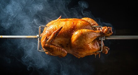 Roasted Chicken on a Spit with Smoky Background