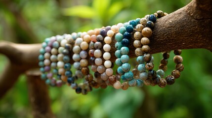 Handcrafted natural bead bracelets hanging on rustic tree branch display in organic bohemian style