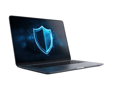 Laptop with blue digital shield symbol on screen, representing cybersecurity, data protection, encryption, and secure technology in modern workspace, evoking sense of safety