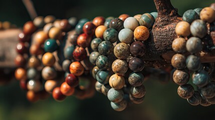 Handcrafted natural bead bracelets hanging on rustic tree branch display in organic bohemian style
