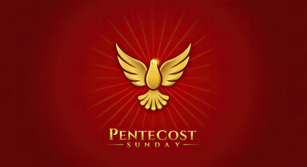 Obraz premium Gold and Red Symbolic Pentecost Sunday Greeting Art Banner. Gold artistic Dove Icon with glowing golden edges. Pentecost typography art on red background. Vector Illustration.