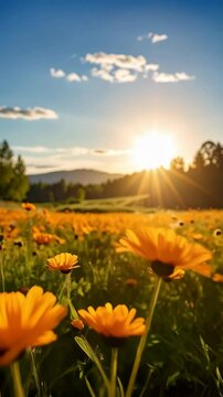 Golden calendula flowers blooming in a vibrant meadow under a bright, sunny sky, with rolling hills and lush green trees in the distant background.