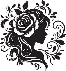 Stylized female silhouette with blooming flower hair – perfect for floral beauty logos, feminine branding, salon art, and decorative vector projects.

