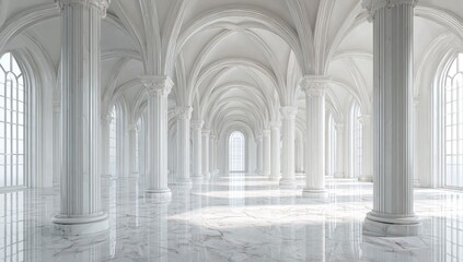Obraz premium Sunlit white marble hall with Gothic arches, numerous columns, and large windows