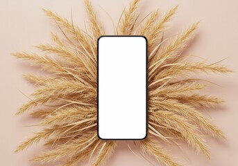 Smartphone Mockup Centered Amidst Pampas Grass on a Soft Pink Background