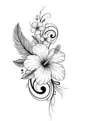 Elegant Hibiscus Flower and Feather Tattoo Design
