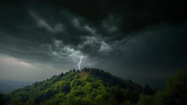 Dark storm lightning strikes motion, Dark storm clouds blasting across the sky with lightning flashing in the distance over a forested hill