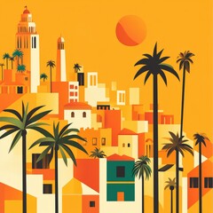 Colorful cityscape, warm hues,  palm trees