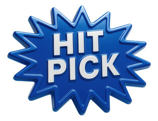 Blue burst sticker with HIT PICK in bold type, eye-catching retail promo sticker on transparent background.