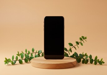 Modern Smartphone Displayed on Wooden Stand with Greenery
