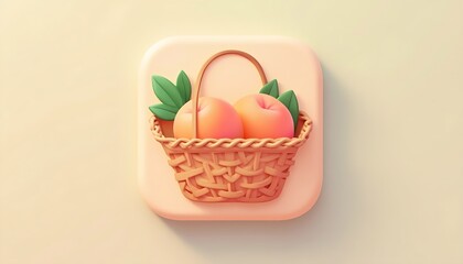 A light peach-toned icon depicts a woven basket filled with peaches and apples.