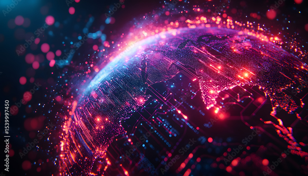 Poster digital globe with glowing circuits represents global trade and tech. abstract 3d earth map connecte