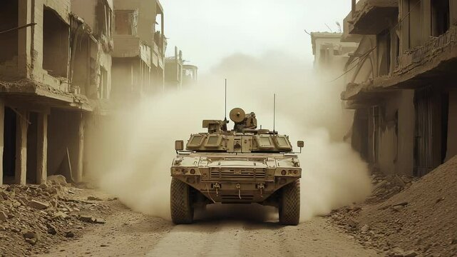 Military armored vehicle navigates through war torn streets of devastated city under dusty conditions