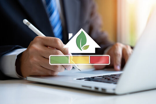 Businessperson Assessing Eco-Friendly Home Energy Efficiency on Laptop