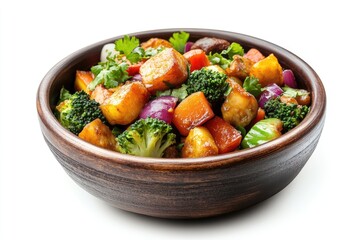Colorful vegetable and protein stir-fry in a rustic bowl