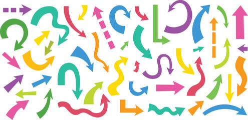 Colorful arrow vector doodle set featuring bold, playful, curved, and abstract arrows. Perfect for infographics, presentations, web design, social media graphics, marketing, icons, UI elements