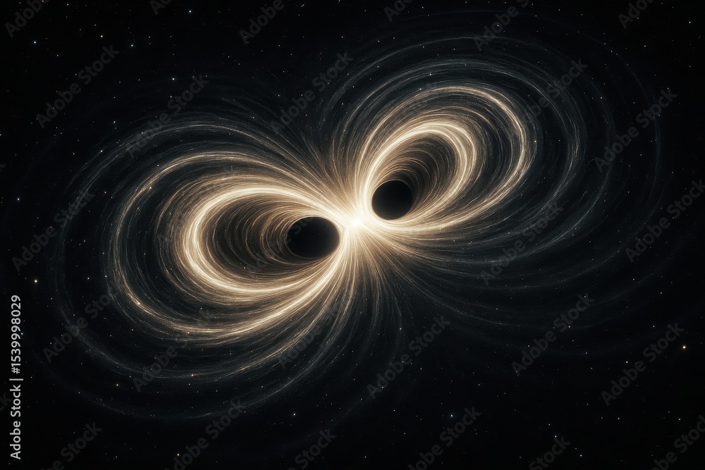 Poster exploring the dynamics of gravitational waves generated by colliding black holes in deep space