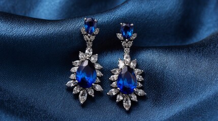 Elegant platinum earrings with blue sapphire on luxurious satin background
