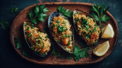 Stuffed mussels with rice and herbs served on tray