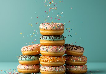Colorful Donuts Tower with Sprinkles in Mid-Air