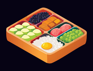 Colorful Bento Box Fresh Healthy Ingredients - Vector Illustration