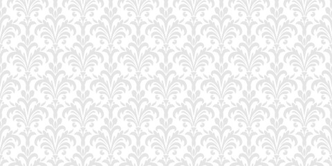 Fototapeta premium Subtle gray and white damask seamless pattern. Luxury vector background in baroque, rococo, renaissance, revival style. Delicate abstract ornament design with curly floral elements, leaves, feathers