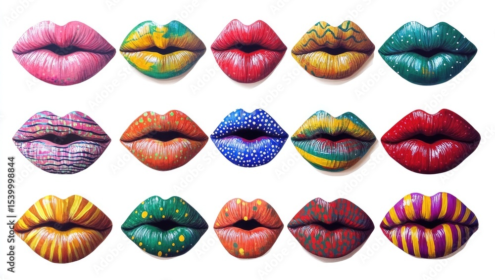 Poster a vibrant array of painted lips, each with a unique colorful pattern