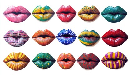 A vibrant array of painted lips, each with a unique colorful pattern