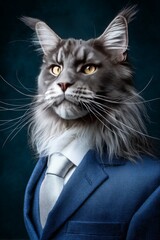 A charismatic cat dressed in an elegant suit, business cat, realistic photo