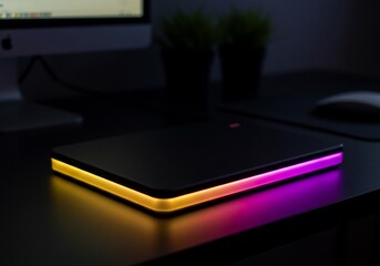 Illuminated Device with Gradient Lighting on a Dark Desk, Modern Aesthetic