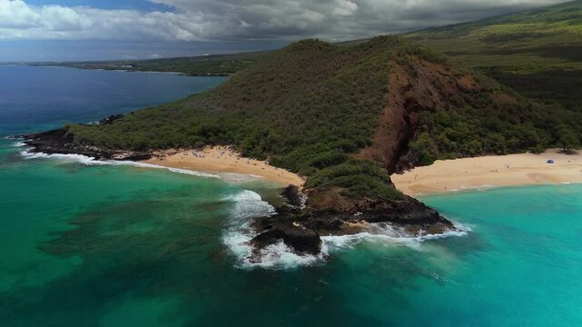 Aerial approach of Makena state par, big beach and little beach in Maui Hawaii