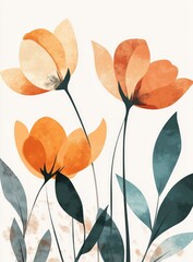 Abstract floral art featuring three stylized tulips in muted orange and peach tones.  The leaves are a deep teal, painted with a watercolor effect.  Soft, muted tones, delicate lines, 