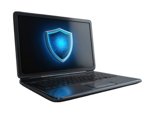 Laptop with blue digital shield symbol cybersecurity protection data safety modern technology secure computer glowing screen futuristic isolated security concept