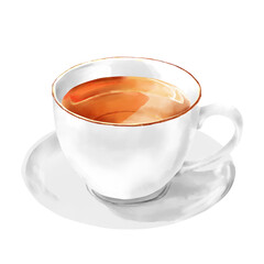 A cup of hot tea. Watercolor illustration. Tea in a white porcelain mug on a saucer, isolated on a white background. A theme for cafes, cooking, textiles and printing