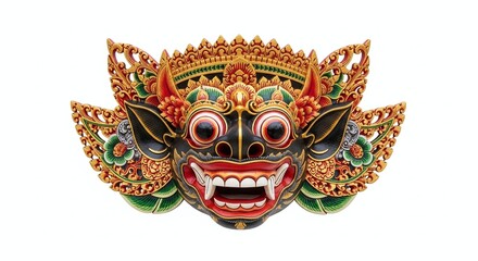 Naklejka premium Traditional Balinese Barong Mask with Intricate Carvings and Vivid Colors, Isolated on White Background. Generative AI