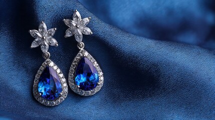Elegant platinum earrings with blue sapphire on luxurious satin background