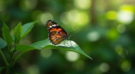 Obraz premium Orange Butterfly Resting on Green Leaf in Sunlight