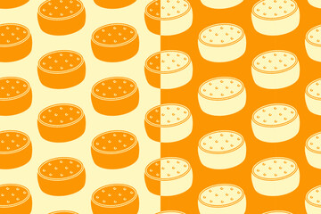 Cheese block silhouette seamless pattern on yellow white background. Cheese wheel glyph doodle pattern background. Cheddar retro filled isolated motif wallpaper. foods label, packaging and merchandise
