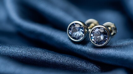 Elegant platinum earrings with blue sapphire on luxurious satin background