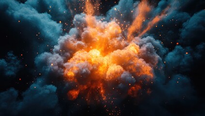 Fototapeta premium Explosive fiery cloud eruption against dark background