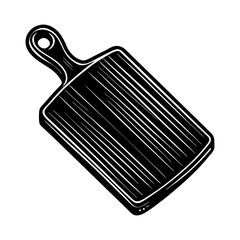 Black and white vector illustration of a wooden cutting board for kitchen and food preparation use